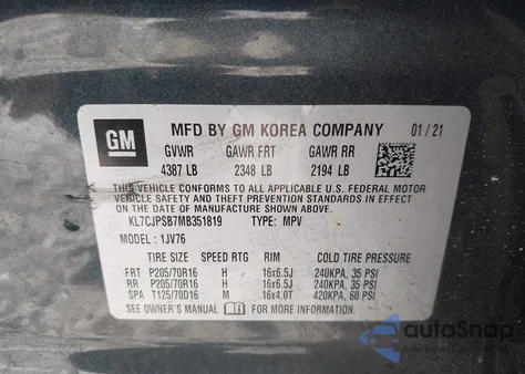 2021 Chevrolet Trax Awd Lt z USA, uszkodzony, nr VIN KL7CJPSB7MB351819